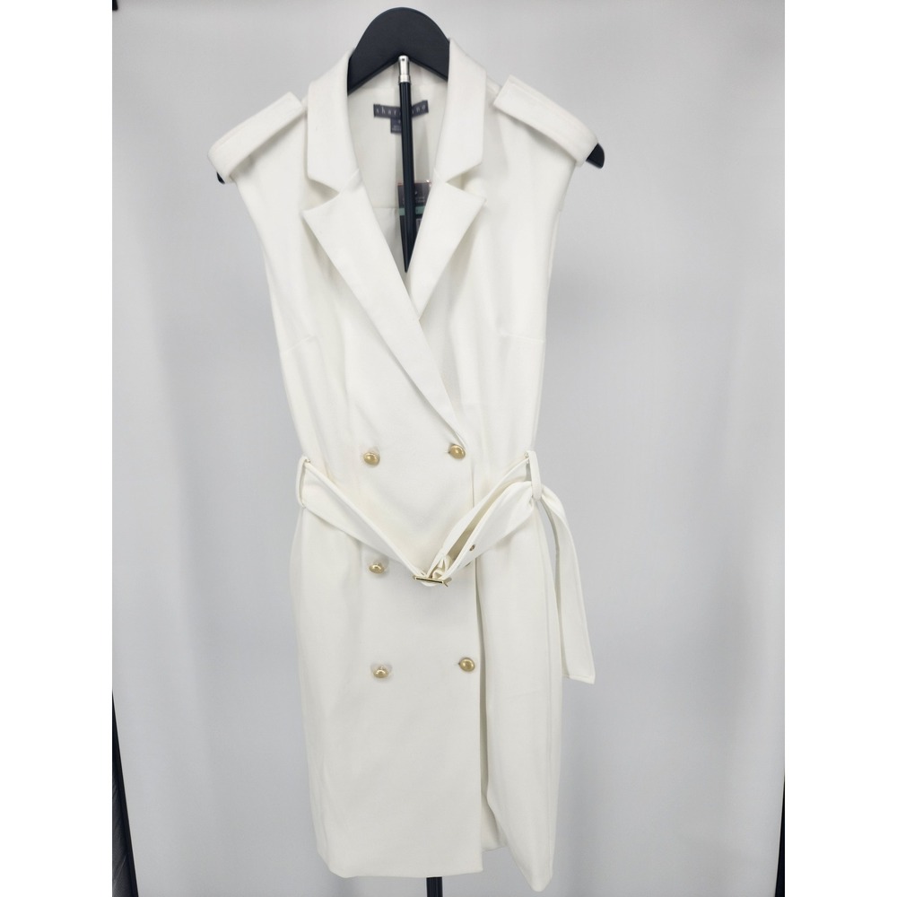 Sharagano New York Cream Sleeveless Trench Dress Belted Double Breasted 8 NEW